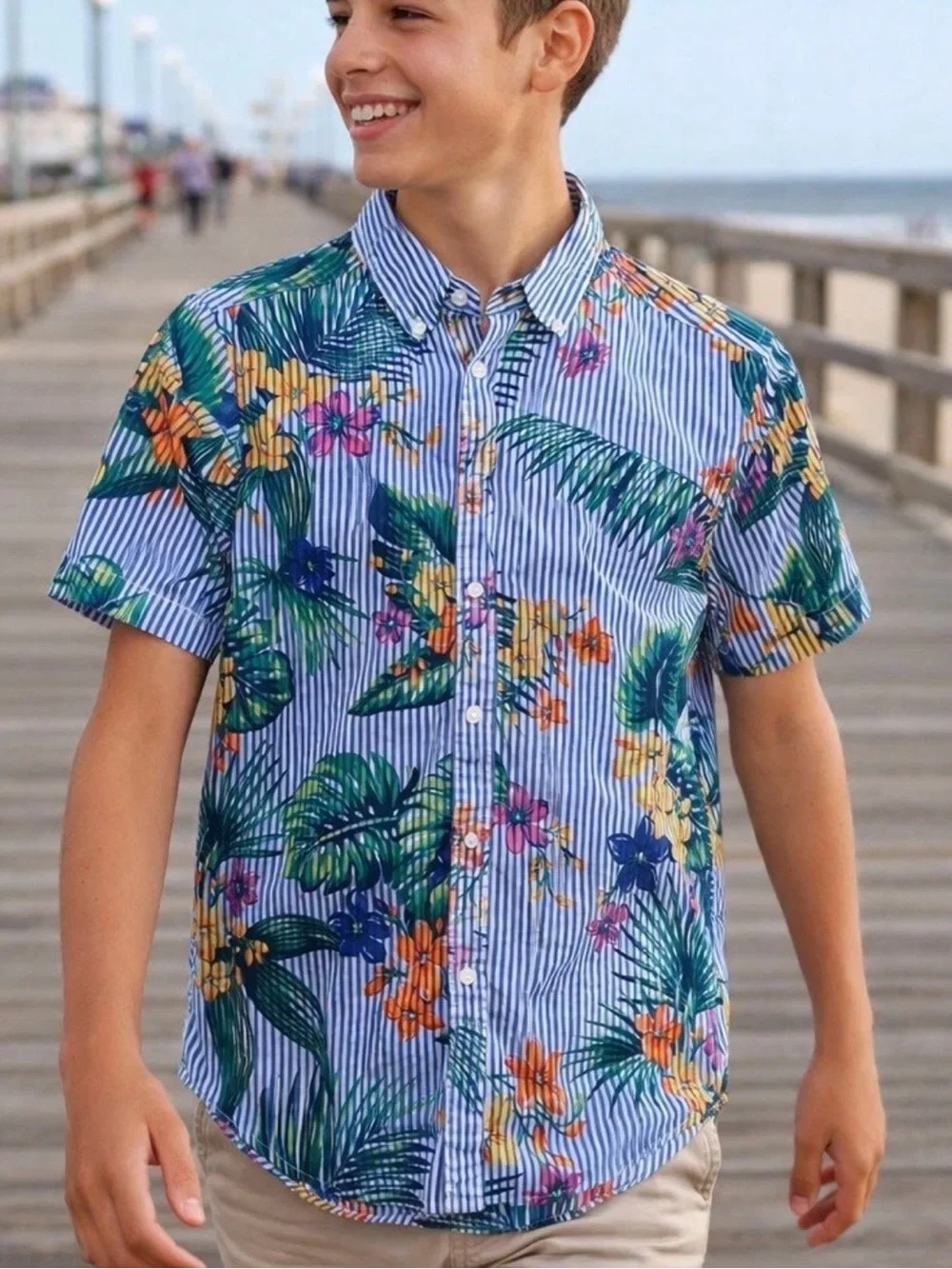 Ralph Lauren Boys Sz XL Striped Floral Cotton Shirt Tropical Vacation Preppy
